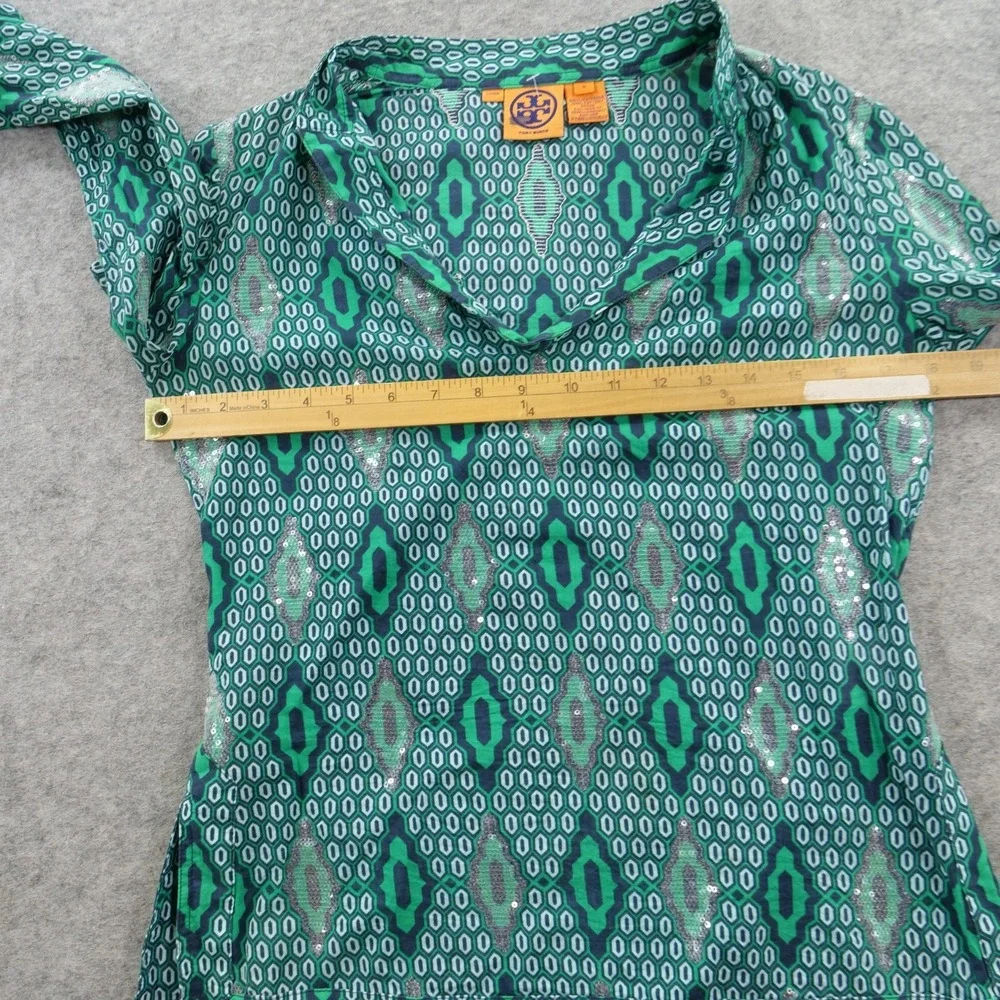 Tory Burch Tunic Top Womens 4 Green Geometric Sequin Embellished Flute Sleeve